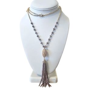 Vintage Purple AB Crystal Tassel and Pave Focal Oblong Bead Necklace 32 Inch